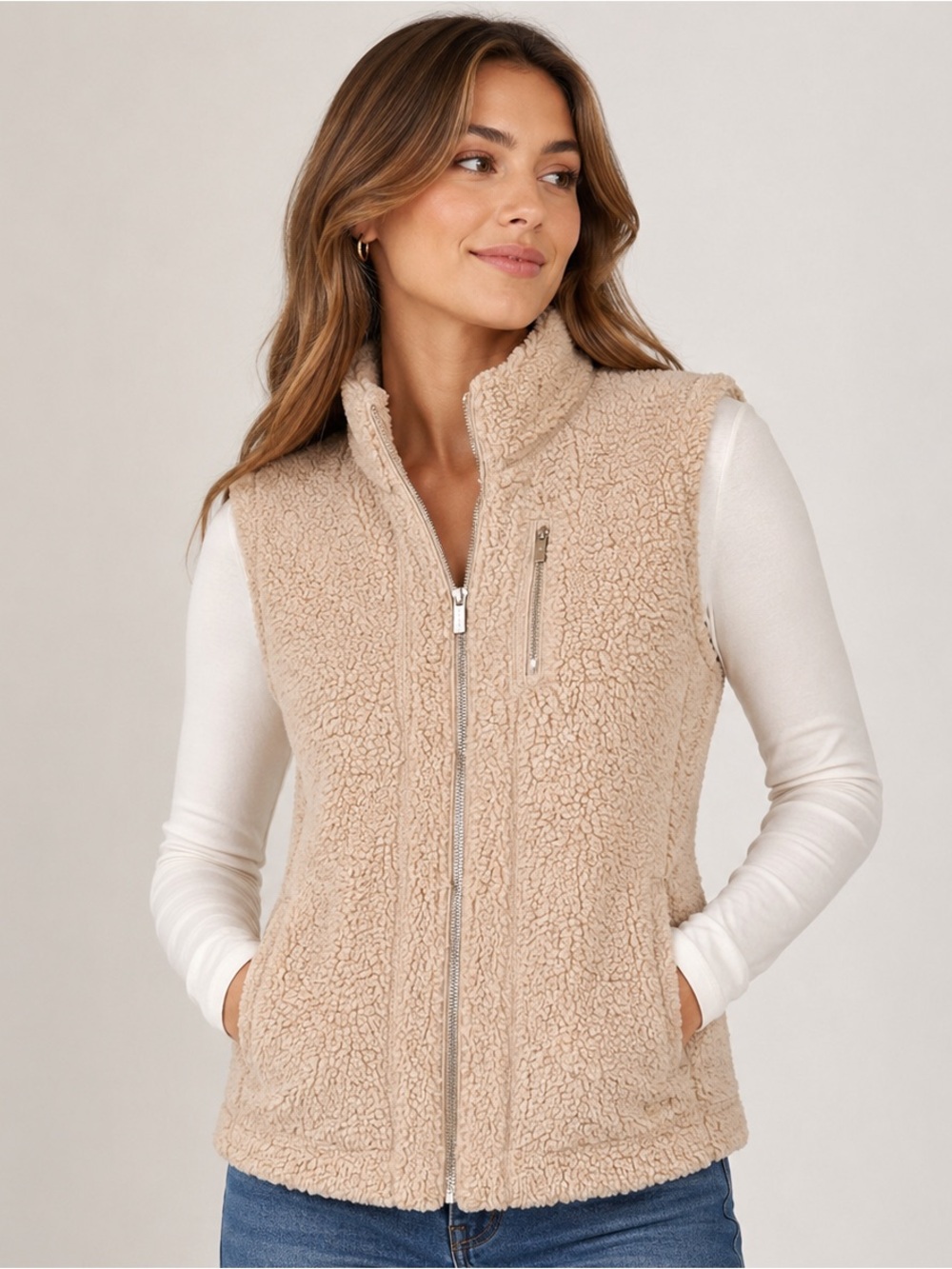 Calvin Klein Beige Sherpa Fleece Zip Vest Size Small